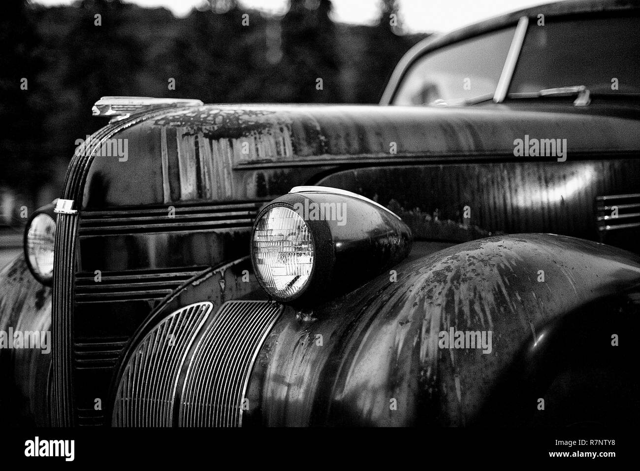 Old rusted 1940 Pontiac car found on Shrewsbury Street in Worcester, MA Stock Photo