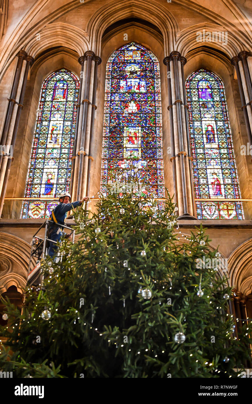 Salisbury Cathedral's ecclesiastical joiner, Richard Pike decorates the 34ft Norway Spruce Christmas tree, felled at the Longleat Estate, as the final trimmings, including 1000 LED lights, glass baubles and ice droplets, are placed on the tree, which stands in front of the West window. Stock Photo