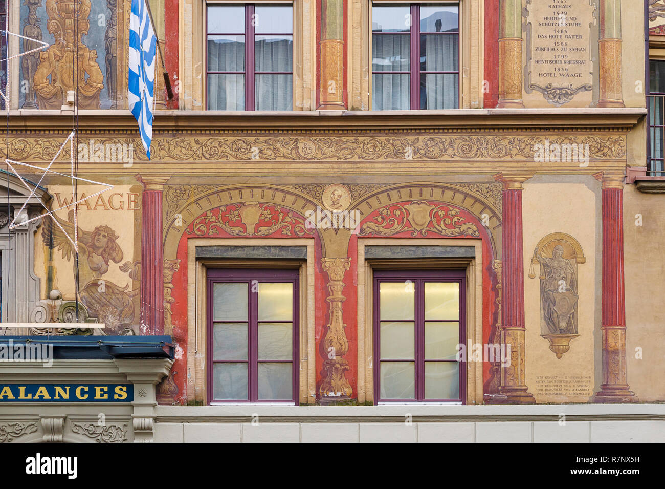 façade of hotel "Des Balances" was painted in the style of the famous Swiss  artist Hans Holbein in Lucerne, Switzerland Stock Photo - Alamy