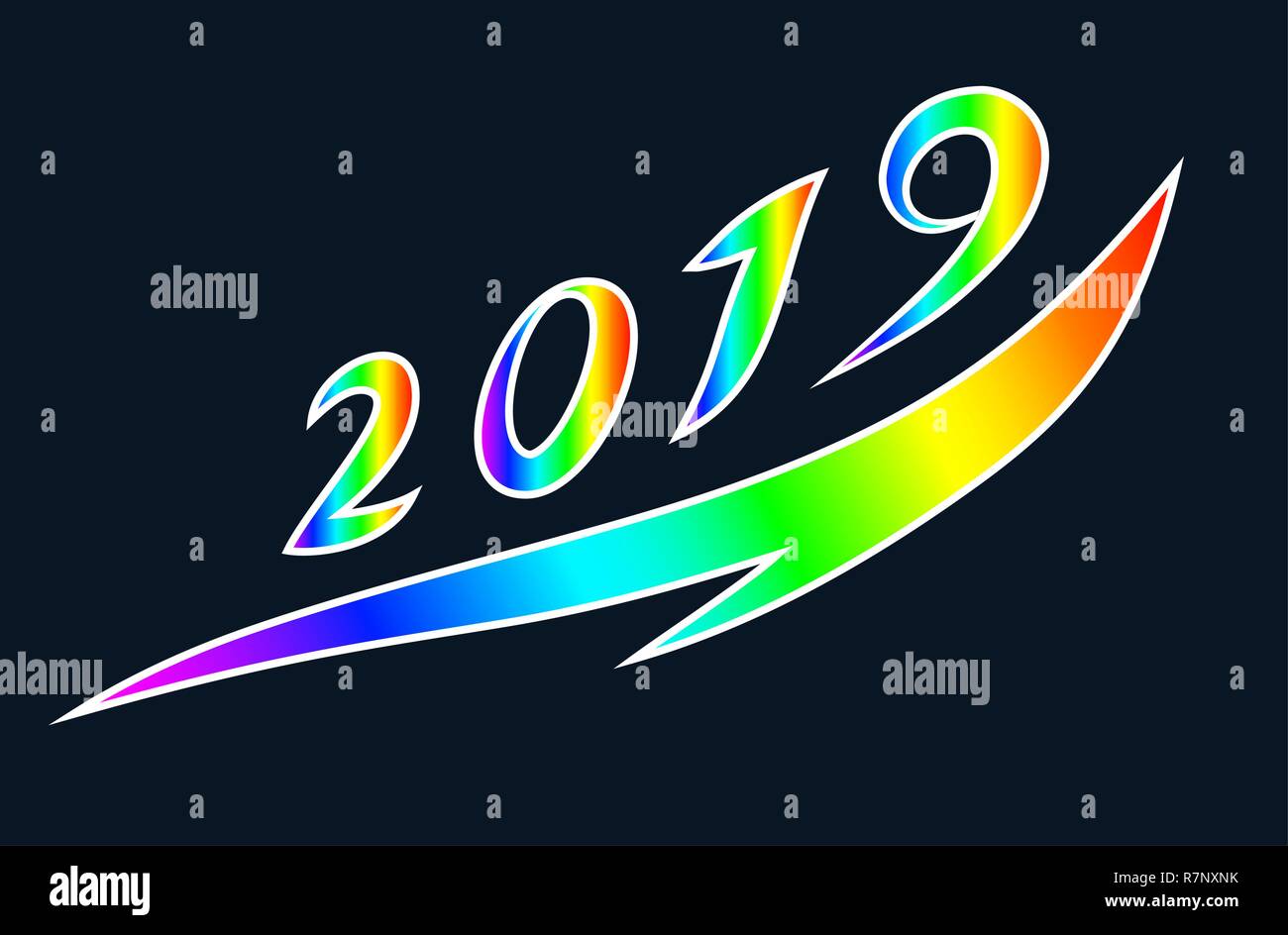 Stylized numbers of 2019 symbolizing the rise and development. Stock Vector