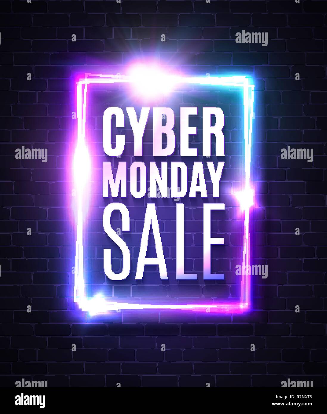 Cyber Monday sale banner in neon laser rectangle background. Shining square sign on dark blue brick texture wall with explosion firework. Discount card design template. Light vector illustration. Stock Vector