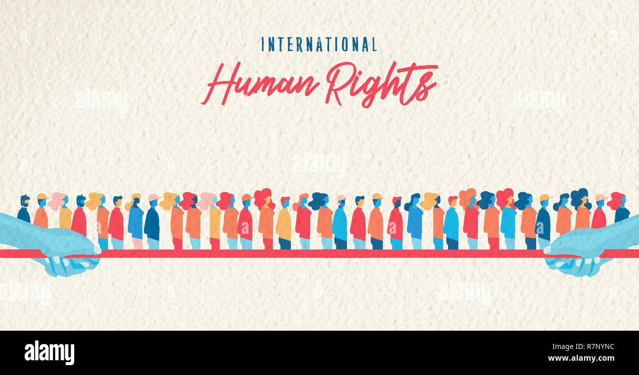 International Human Rights awareness illustration for global equality and freedom respect concept with diverse refugee people group. Stock Vector