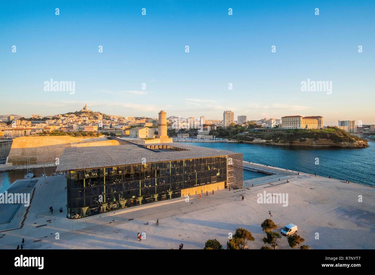 France, Bouches du Rhone, Marseille, general view with the Mucem by the architects Rudy Ricciotti and R. Carta, Fort Saint Jean and the Pharo Palace (aerial view) Stock Photo