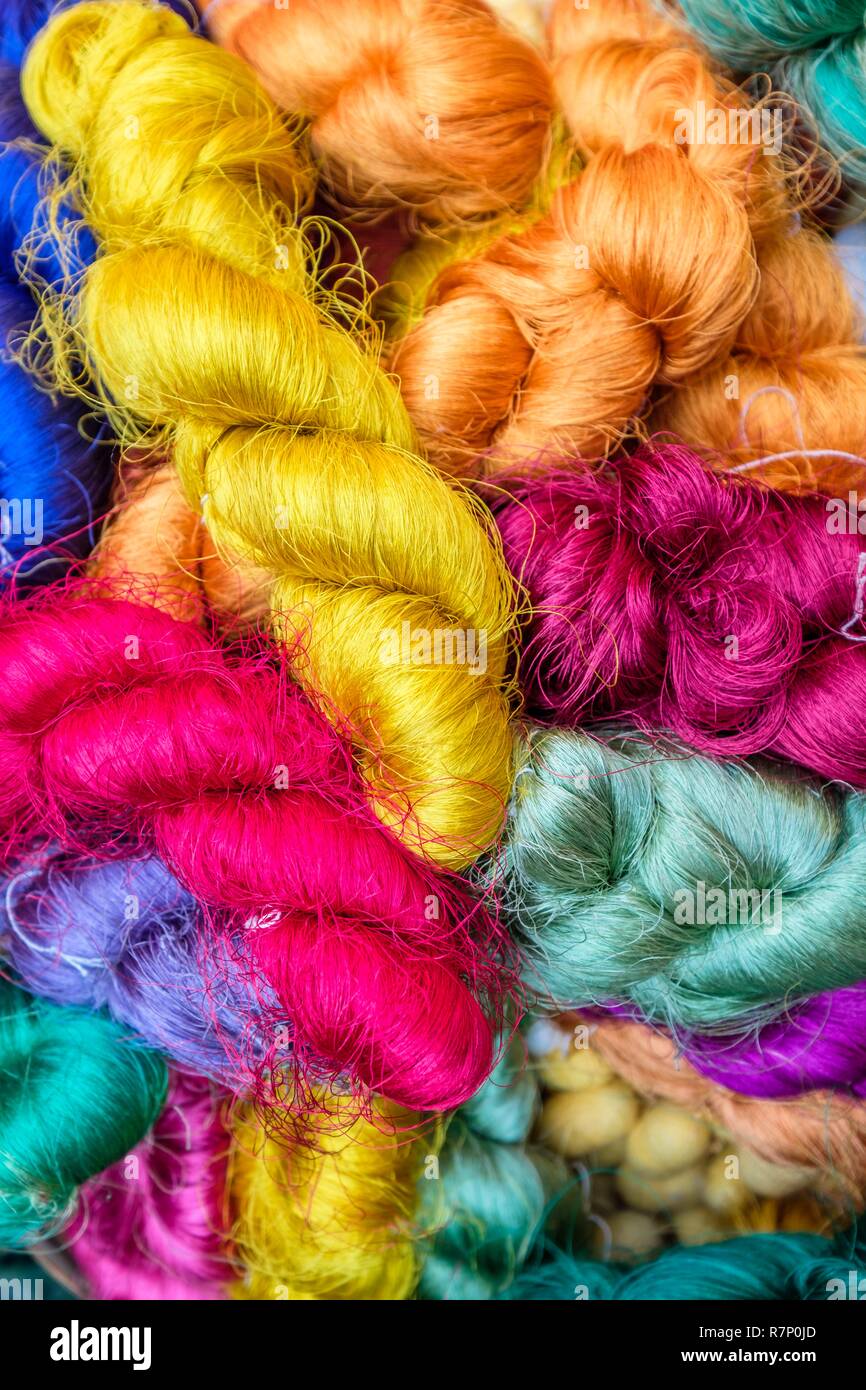 Thailand, Bangkok, Pathum Wan district, Jim Thompson House built in the 1950s by businessman and American adventurer Jim Thompson, who had the ambition to revive the Thai silk industry, is now a museum, skeins of silk Stock Photo
