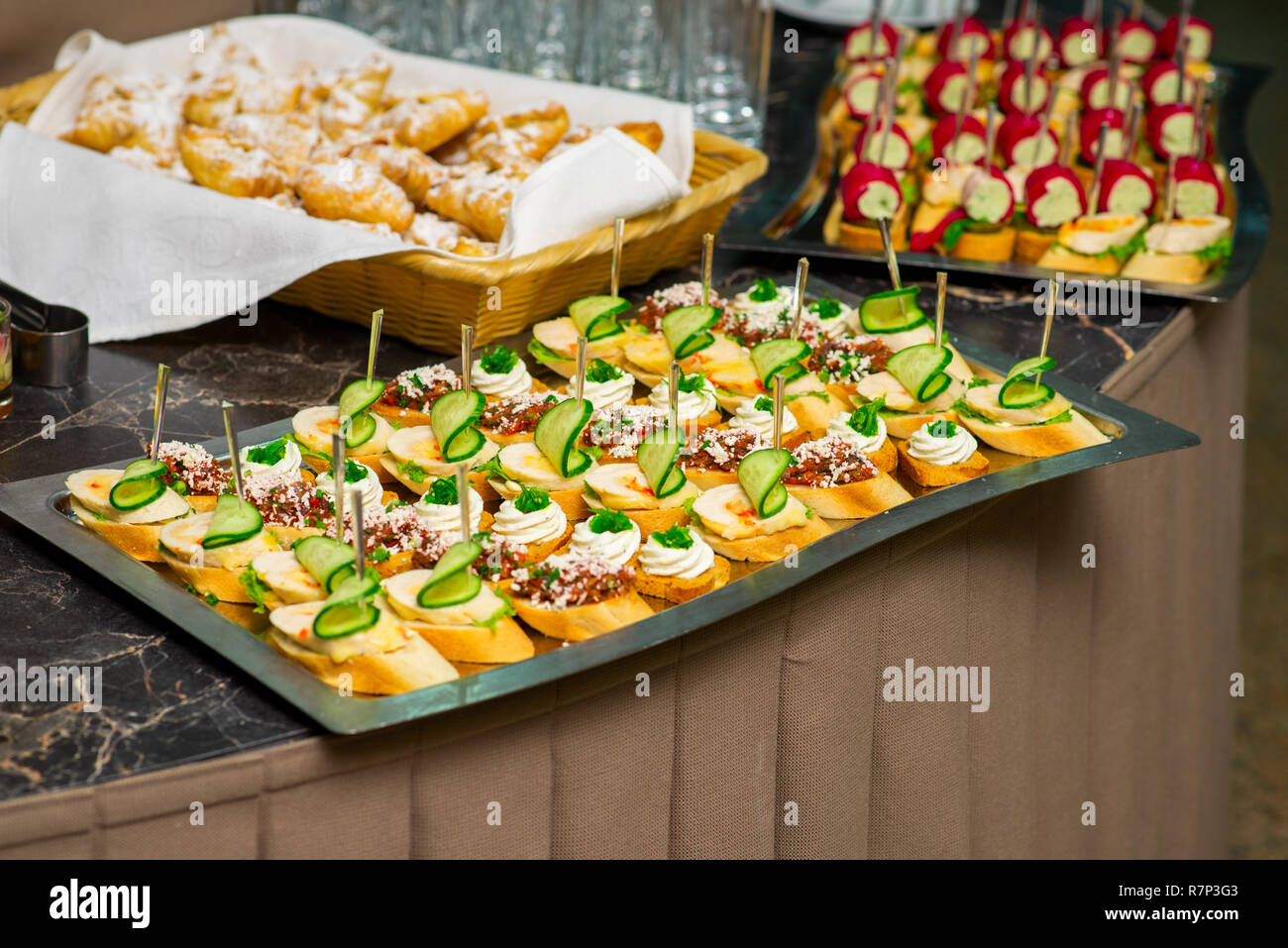 Canapes And Cold Appetizers On The Buffet Table Meat Vegetables And Herbs On A Tray Stock Photo Alamy