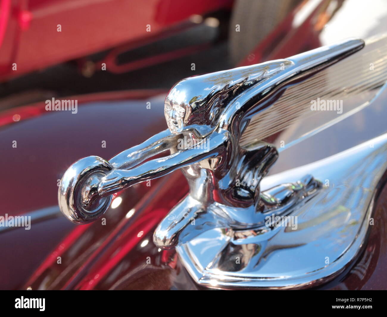 Beautiful 1940 Packard hood ornament in bright chrome. Virtually every automobile manufacturer had its' own identifying hood ornament. Stock Photo