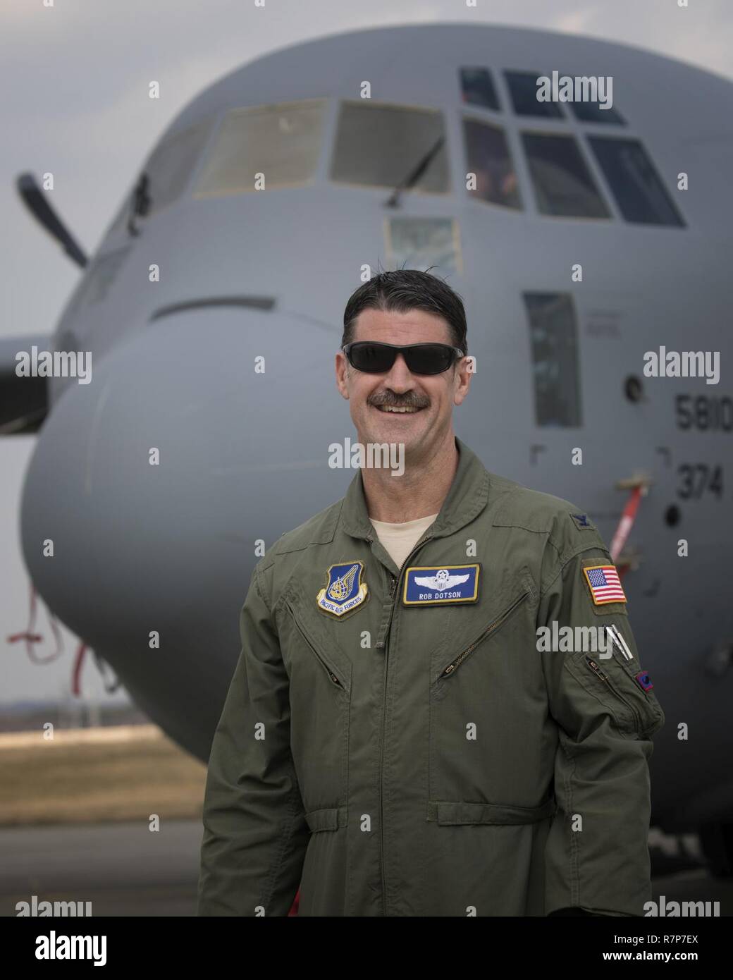 Col. Robert Dotson, 374th Operations Group commander, poses for a portrait after landing at Yokota Air Base, Japan, March 29, 2017. This is second C-130J delivered from Lockheed Martin, less than a month after the first was delivered in March. Stock Photo