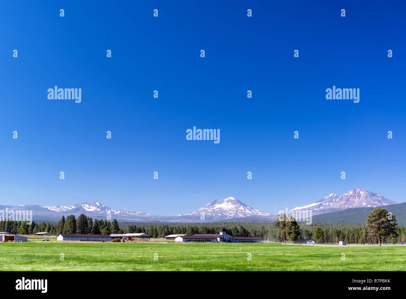 Ranch in Central Oregon with Three Sisters mountains in the background near Bend Stock Photo Alamy