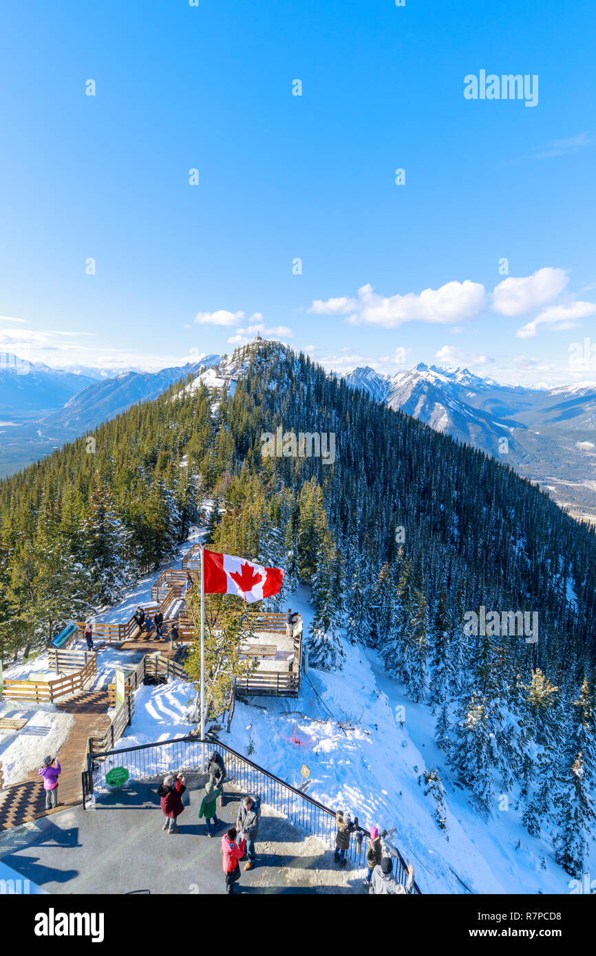 Alberta, Canada - October 7, 2018 : Tourist trails with Canada flag at Sulphur Mountains, Banff national park Stock Photo