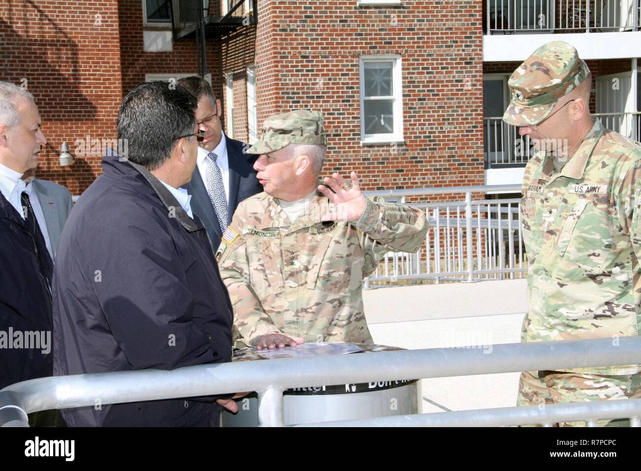 During a 21-22 March visit to the U.S. Army Corps of Engineers' North Atlantic Division (NAD)headquarters at Fort Hamilton, Brooklyn, N.Y., Lt. Gen. Todd Semonite, 54th U.S. Army Chief of Engineers visited the New York District project at Rockaway, Queens, N.Y. to discuss status of work and future studies. (Left to right) Joseph Forcina, Chief of Sandy Coast Management Division; Joseph Vietri, Chief of NAD Planning; Scott Acone, acting NAD Business Director; Lt. Gen. Todd Semonite; and NAD Commander, Brig. Gen. William Graham. Stock Photo