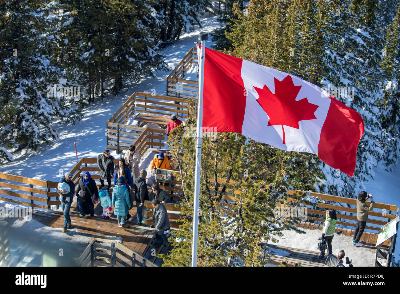 Alberta, Canada - October 7, 2018 : Tourist trails with Canada flag at Sulphur Mountains, Banff national park Stock Photo
