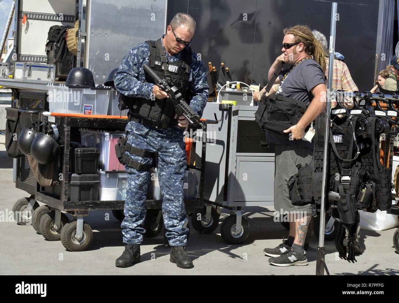 SAN DIEGO (March 23, 2017) Actor Adam Baldwin prepares his props prior to the filming of the television show 'The Last Ship' at Naval Base San Diego Stock Photo