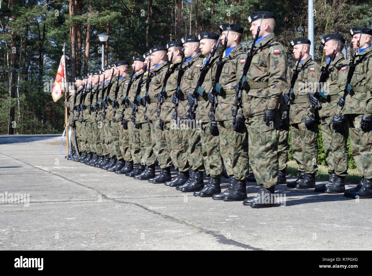 Polish soldiers stand in formation during the commemoration ceremony honoring the 73rd anniversary of the Great Escape from Stalag Luft III POW camp March 24, 2017 at Zagan, Poland.  The ceremony honored the men from 14 nations that were held as POWs at the camp. Members of 3rd ABCT, 4th ID participated in the two-day event to strengthen their relationships with their Polish allies while participating in Operation Atlantic Resolve. Stock Photo
