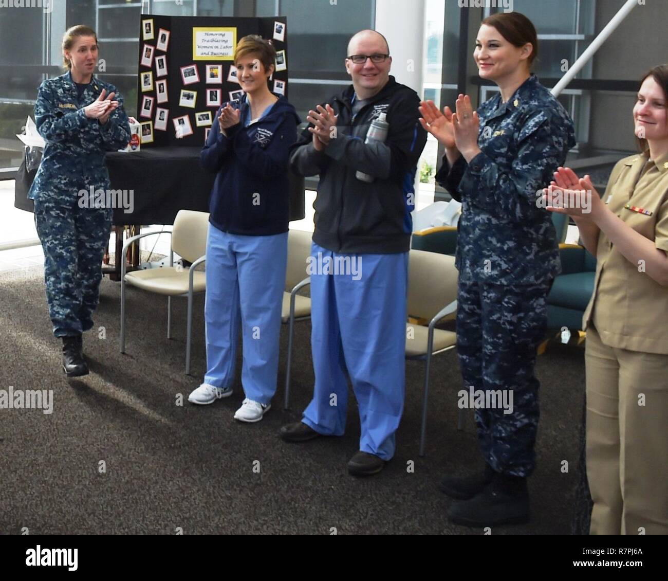 BREMERTON, Washington (March 20, 2017) Captain Amy McBride, from Harwich,  Massachusetts, Naval Hospital Bremerton (NHB) Director of Nursing Services  addresses other nurses, staff members and visitors in the command's  recognition Certified Nurses Day to honor the dedication of registered  nurses who have become certified in specialized fields of nursing to provide  enhanced patient care. Stock Photo