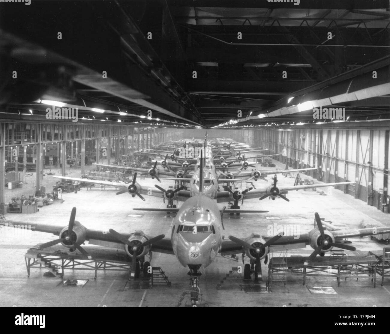 C-54 maintenance line in the Douglas aircraft manufacturing facility at Tinker Air Force Base, Oklahoma,in the mid-1940s. Stock Photo