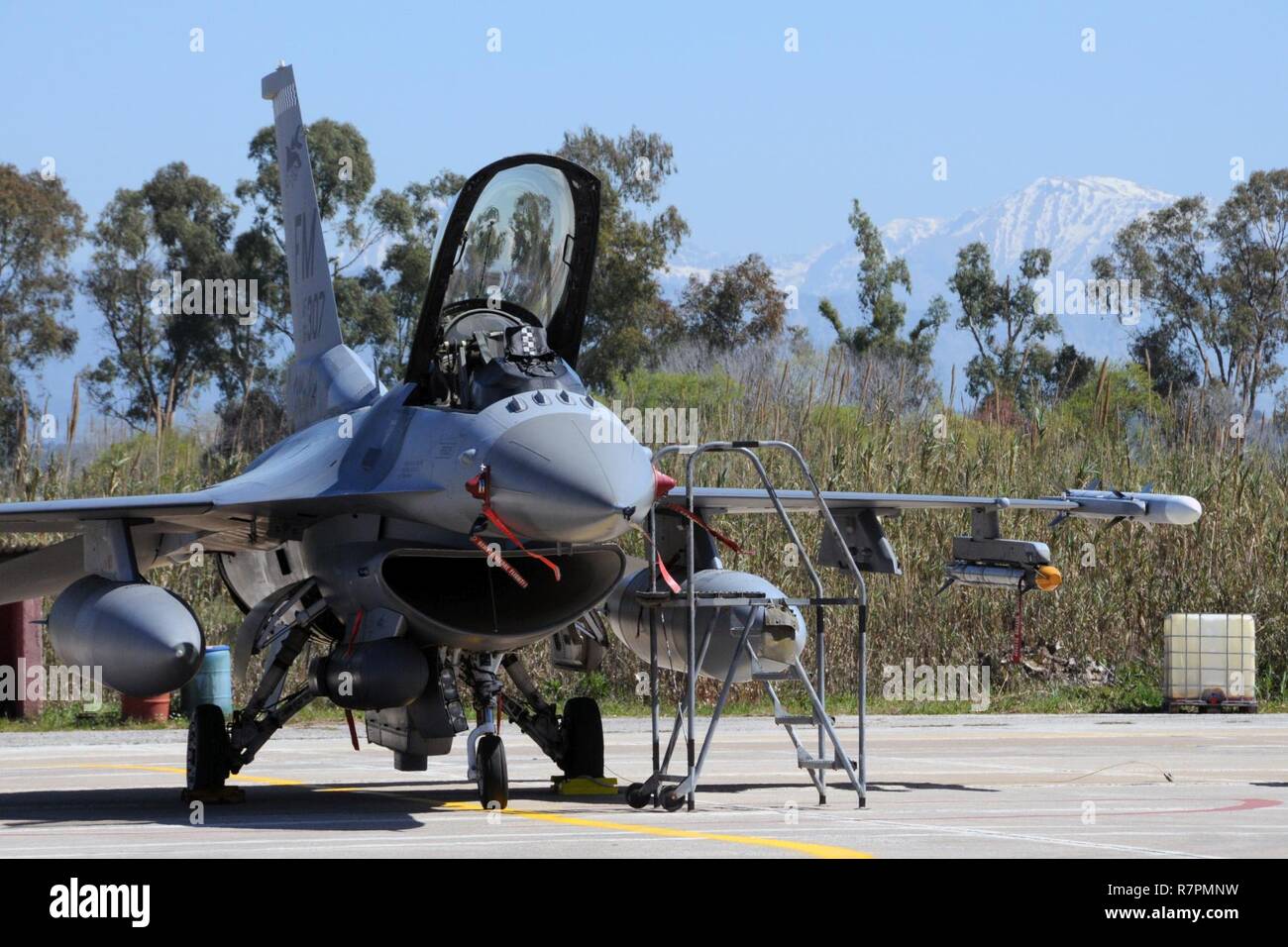 An F-16C Fighting Falcon is parked at Andravida Air Base, Greece for INIOHOS 17, Mar. 23, 2017. INIOHOS 17 is a Hellenic Air Force-led, large force, flying exercise between NATO Allies and partner nations. Stock Photo