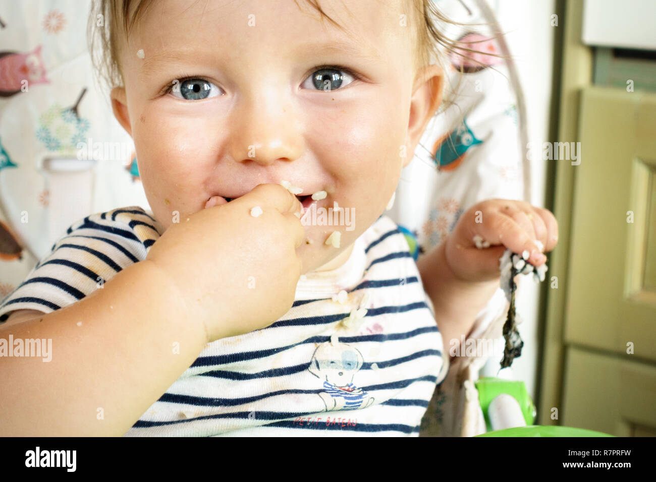 Baby boy eating rice Stock Photo Alamy