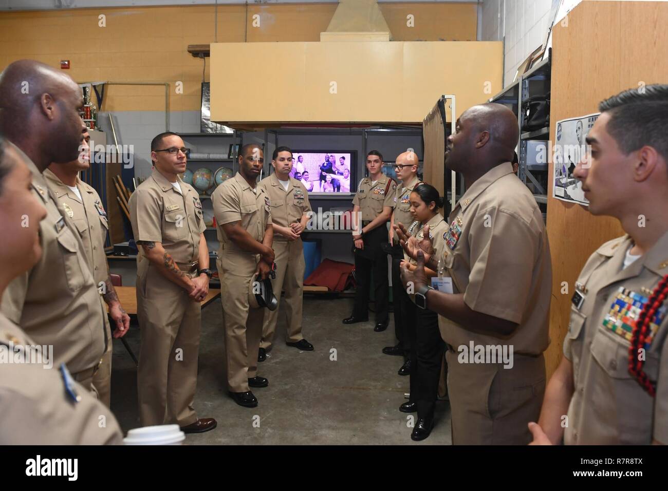 VIRGINIA BEACH, Va. (March 28, 2017) Retired Chief Warrant Officer 4 Ronald McMiller, the senior naval science instructor at Salem High School, gives a of the Navy Reserves Officers Training