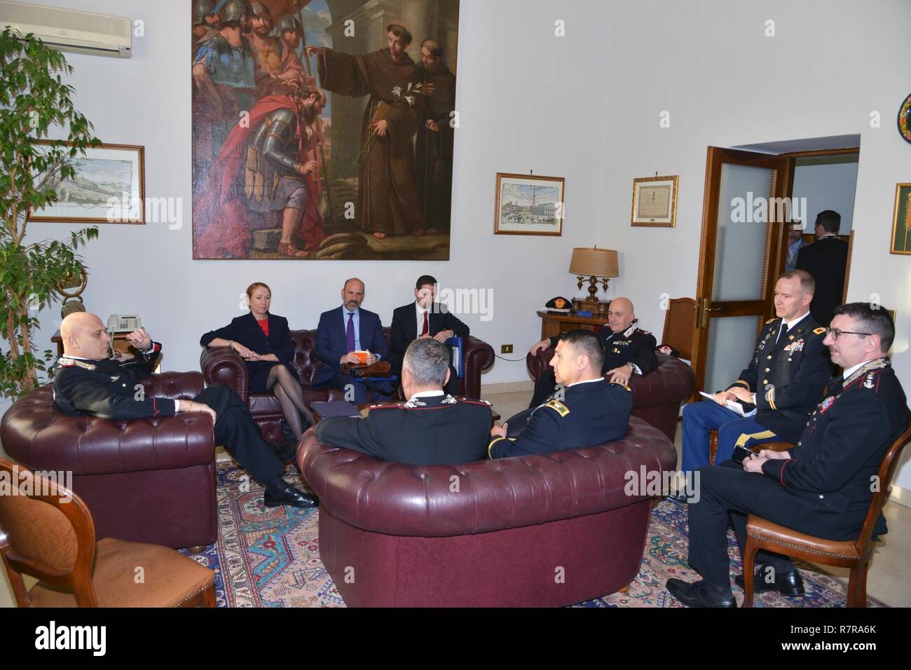 Ms. Kelly Degnan, Charge’ d’Affaires ad interim U.S. Embassy & Consulates Italy, meets Lt. Gen Vincenzo Coppola (left), Commanding General “Palidoro” Carabinieri Specialized, and CoESPU staff,  during visit at Center of Excellence for Stability Police Units (CoESPU) Vicenza, Italy, Mar. 30, 2017. Stock Photo