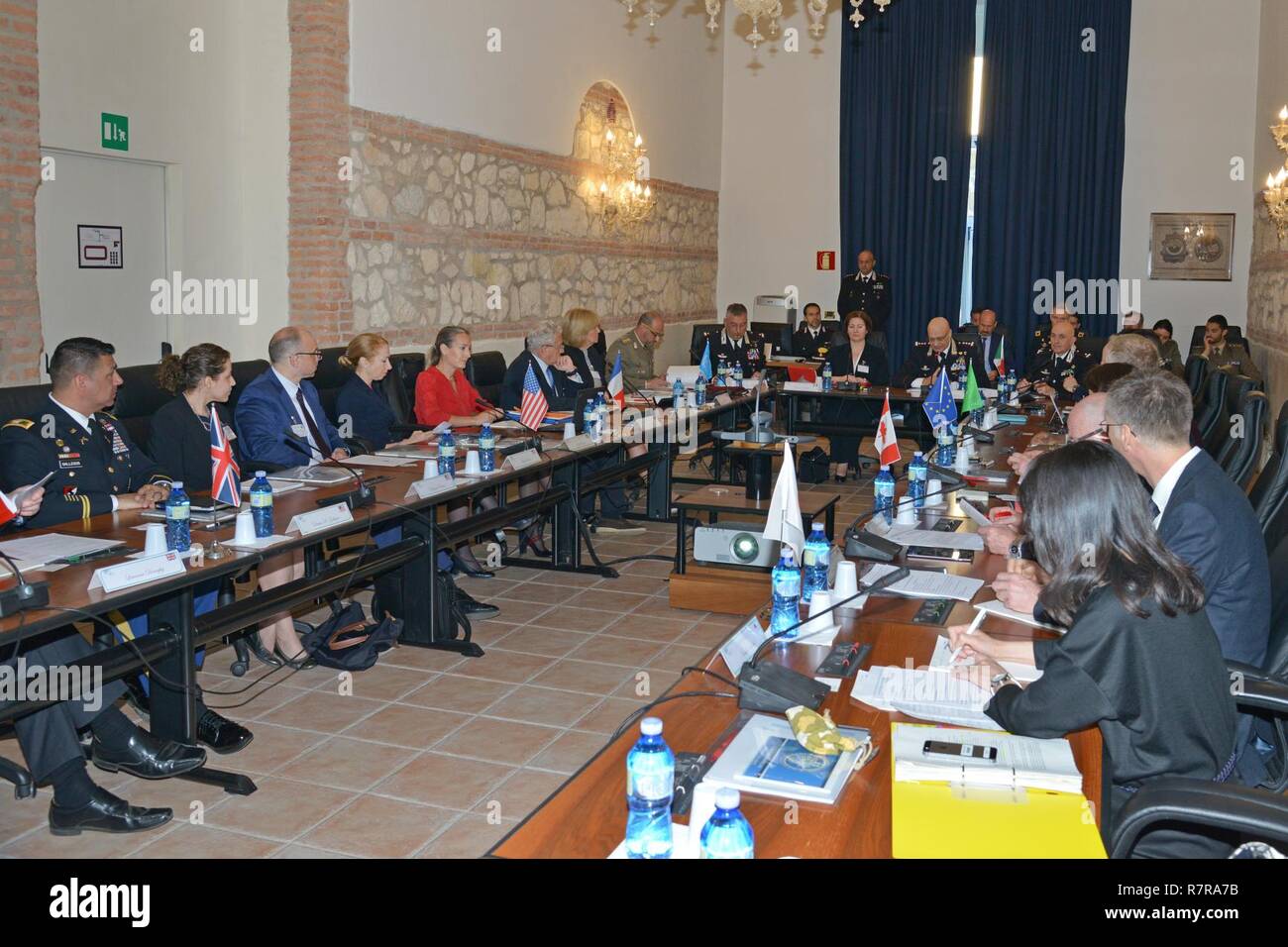 U.S. Army Col. Darius S. Gallegos, CoESPU deputy director and Ms. Kelly Degnan, Charge’ d’Affaires ad interim U.S. Embassy & Consulates Italy,  during a meeting with the G7 at Center of Excellence for Stability Police Units (CoESPU) Vicenza, Italy, Mar. 30, 2017. Stock Photo