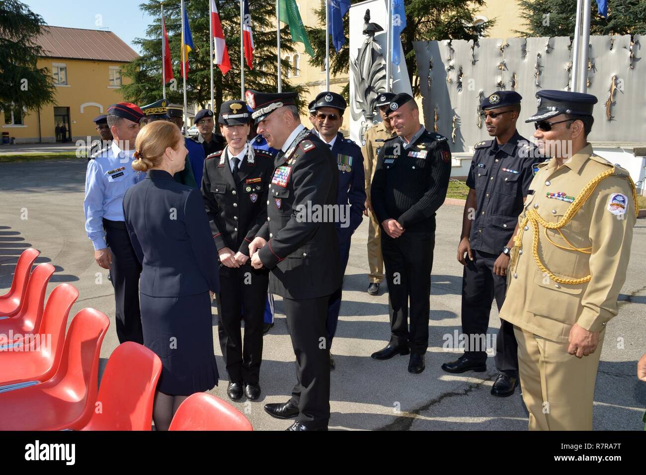 Ms. Kelly Degnan, Charge’ d’Affaires ad interim U.S. Embassy & Consulates Italy, greets multinational students, during visit at Center of Excellence for Stability Police Units (CoESPU) Vicenza, Italy, Mar. 30, 2017. Stock Photo