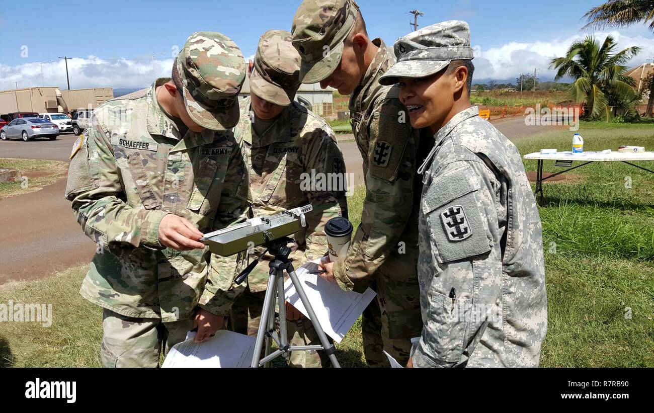 Soldiers with 8th Theater Sustainment Command and Defense Prisoner of War/Missing in Action Accounting Agency practice using a wet-bulb globe temperature in order to determine the heat category index for Field Sanitation Training March 23 at Wheeler Army Airfield, Hawaii. Stock Photo