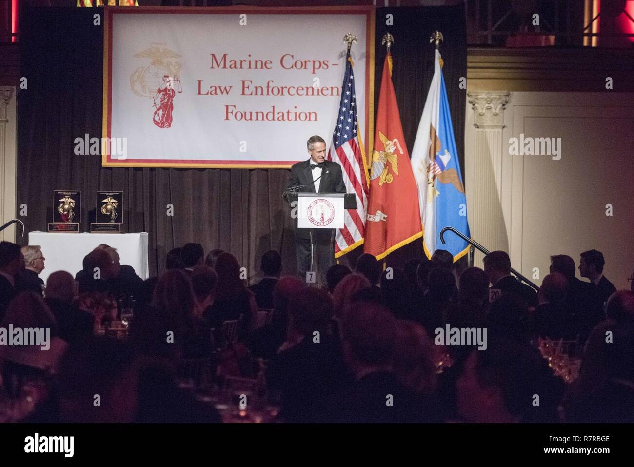 Retired Marine Corps Gen. Peter Pace, 16th chairman of the Joint Chiefs of Staff, gives remarks after receiving the 2017 Commandant's Leadership award duringthe Marine Corps Law Enforcement Foundation (MC-LEF) Gala, in New York, March 30, 2017. Since its inception 1995, MC-LEF has awarded nearly $70 million in scholarships and other humanitarian assistance to the children on fallen Marines and federal law enforcement personnel. DoD Stock Photo