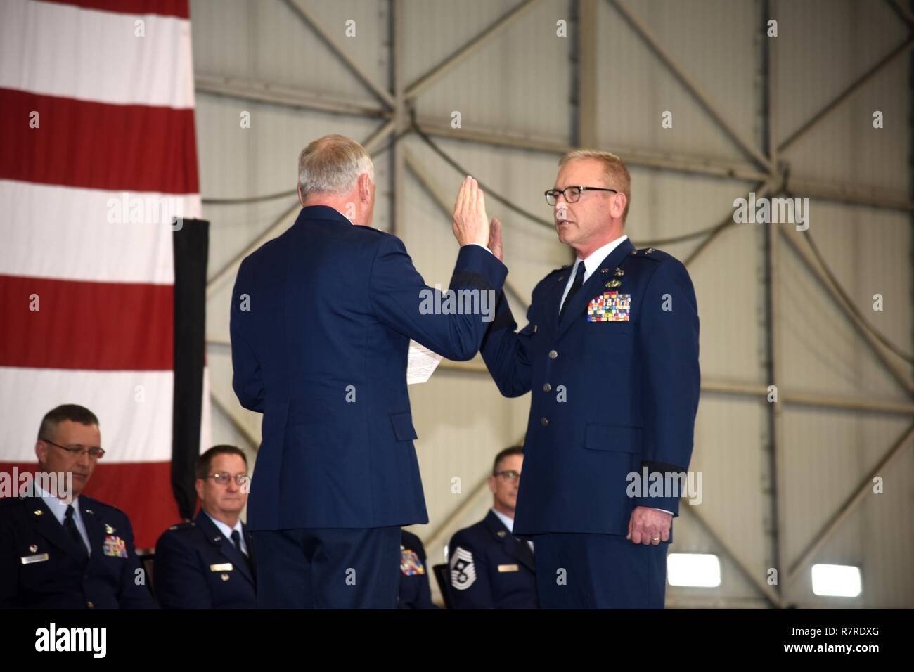 SIOUX FALLS, S.D. - Brig. Gen. Steven Warren, Assistant Adjutant General for Air, HQ SDANG, administered the oath of office to Brig. Gen. Joel DeGroot, during a transfer of authority ceremony at Joe Foss Field April 1st.  DeGroot previously served as the 114TH Maintenance group commander. Stock Photo