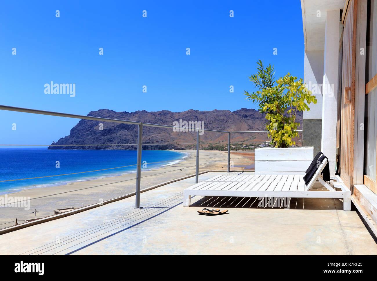 Terrace with sunloungers, São Pedro, São Vicente, Cape Verde, Cabo Verde, Africa. Stock Photo