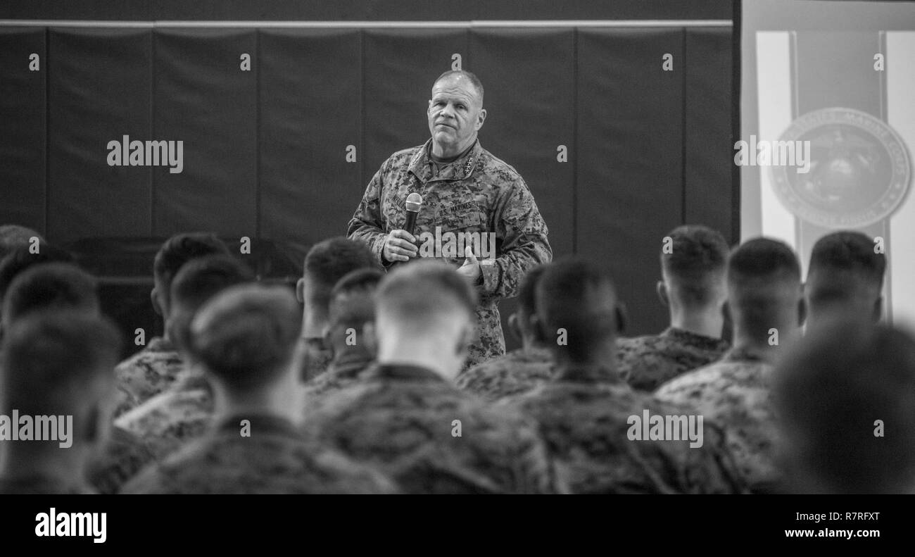 Commandant of the Marine Corps Gen. Robert B. Neller speaks to Marines at Combined Arms Training Center Camp Fuji, Japan, April 3, 2017. Neller spoke about the importance of respecting fellow Marines, and the Marine Corps’ revised social media policy. Stock Photo