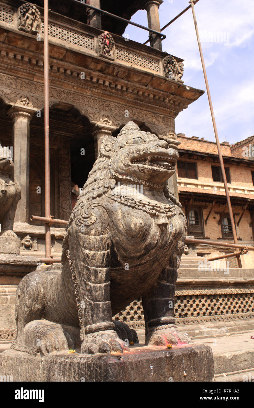 Ancient sculptures of lion in Patan, Kathmandu valley, Nepal Stock