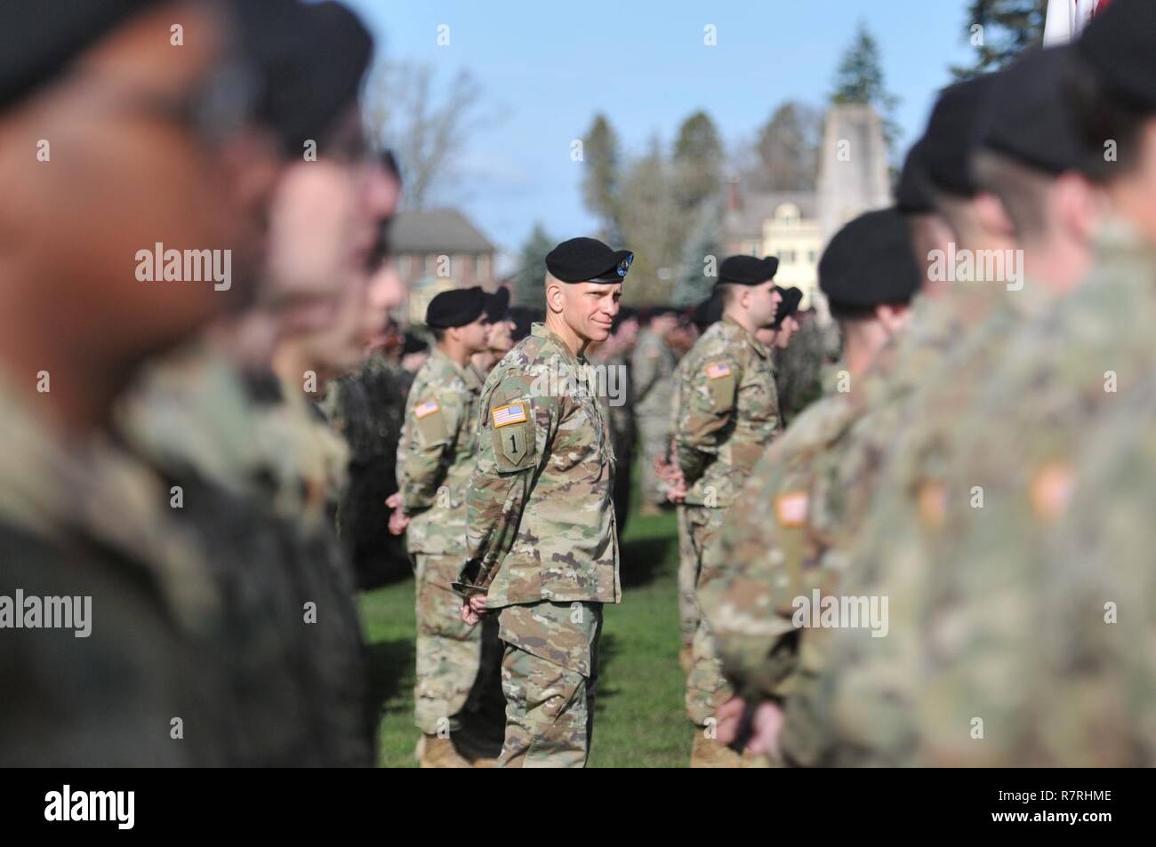 Command Sgt. Maj.  Michael A. Grinston, the Command Sgt. Maj. of I Corps, stands among his soldiers during the Change of Command Ceremony held on Watkins Field, April, 3 on Joint Base Lewis-McChord, Washington. The ceremony was held to display the passing of I Corps command from Lt. Gen. Stephen R. Lanza, the outgoing commanding general, to Lt. Gen. Gary J. Volesky, the incoming commanding general. Stock Photo