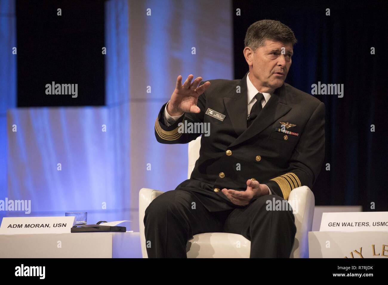 NATIONAL HARBOR, Md. (April 3, 2017) Vice Chief of Naval Operations (VCNO) Adm. Bill Moran participates in a panel for the Joint Service 'Sea Services Update' panel during the Sea-Air-Space Exposition. The Navy League’s Sea-Air-Space Exposition was founded in 1965 as a means to bring the U.S. defense industrial base, U.S. private-sector companies and key military decision makers together for an annual innovative, educational, professional and maritime-based event. Sea-Air-Space is the largest maritime exposition in the U.S. and continues as an invaluable extension of the Navy League’s mission  Stock Photo