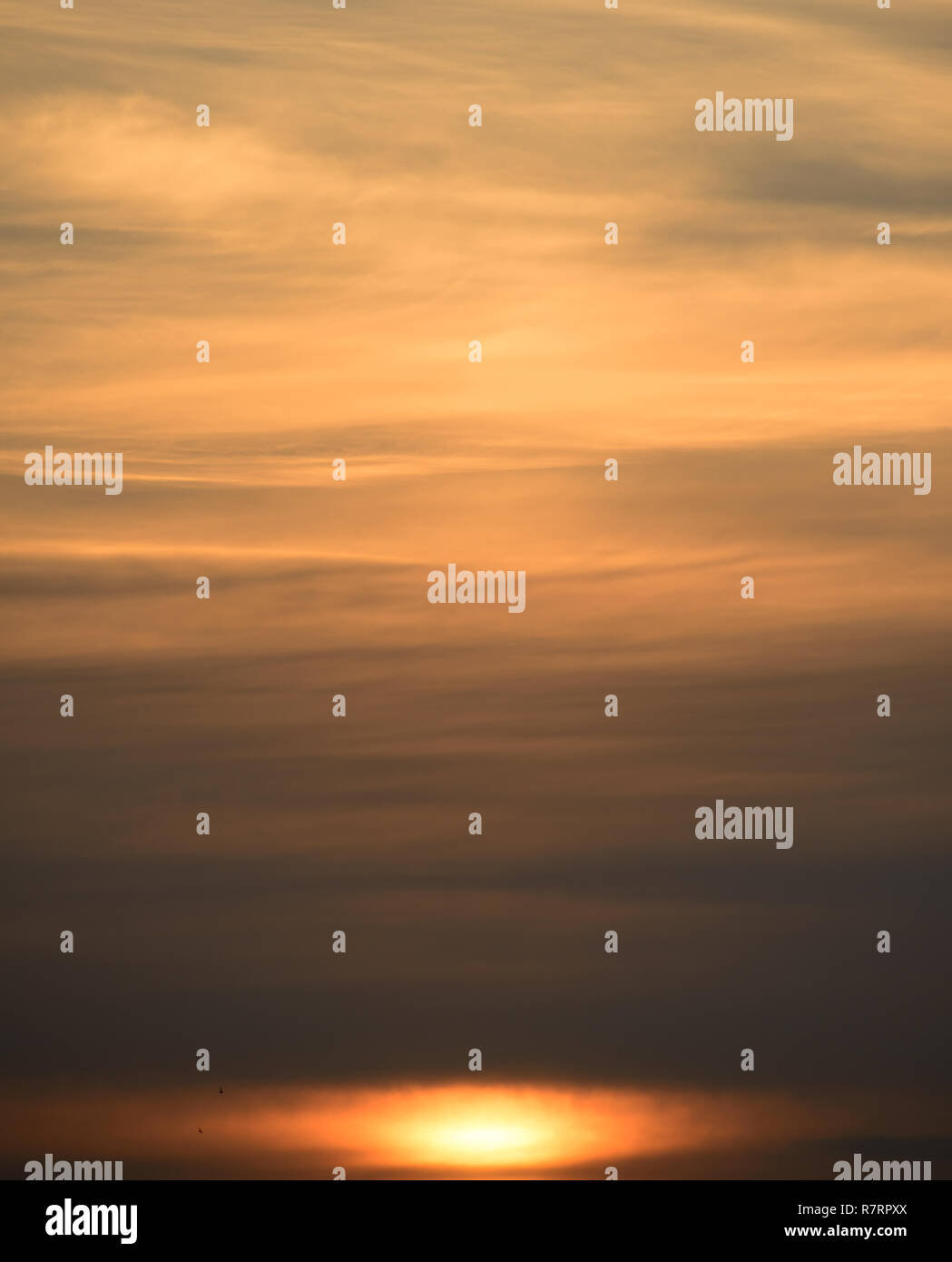 Low undefined Sun and muted soft pastel yellow orange clouds at sunset .Dramatic sky. Stock Photo