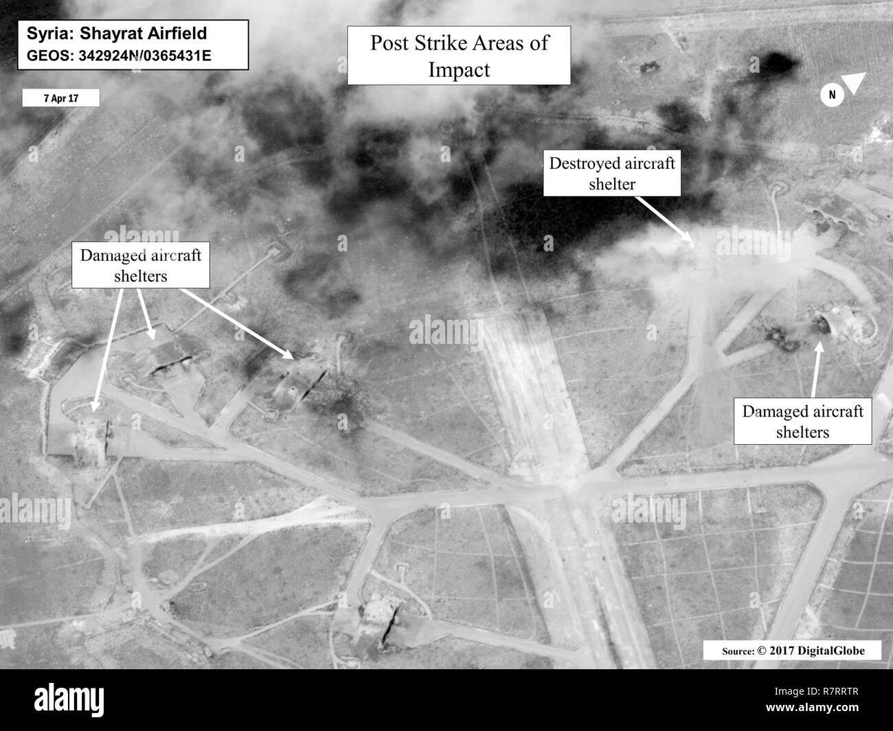 Battle damage assessment image of Shayrat Airfield, Syria,  following U.S. Tomahawk Land Attack Missile strikes April 7, 2017 from the  USS Ross (DDG 71) and USS Porter (DDG 78), Arleigh Burke-class  guided-missile destroyers. The United States fired Tomahawk missiles into  Syria in retaliation for the regime of Bashar Assad using nerve agents to  attack his own people. Stock Photo