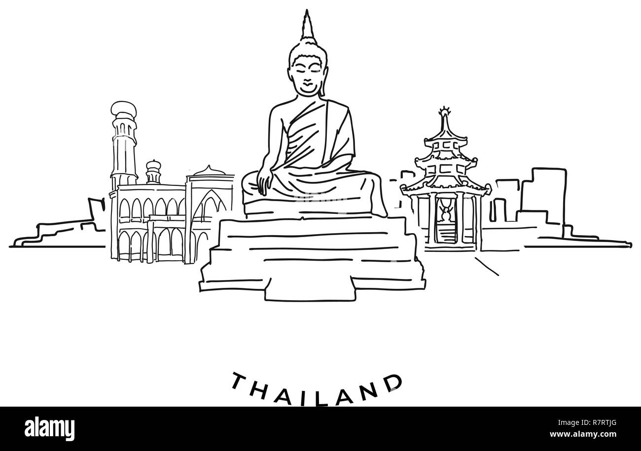 Thailand buddha and landmarks drawing. Hand-drawn vector illustration. Famous travel destinations series. Stock Vector
