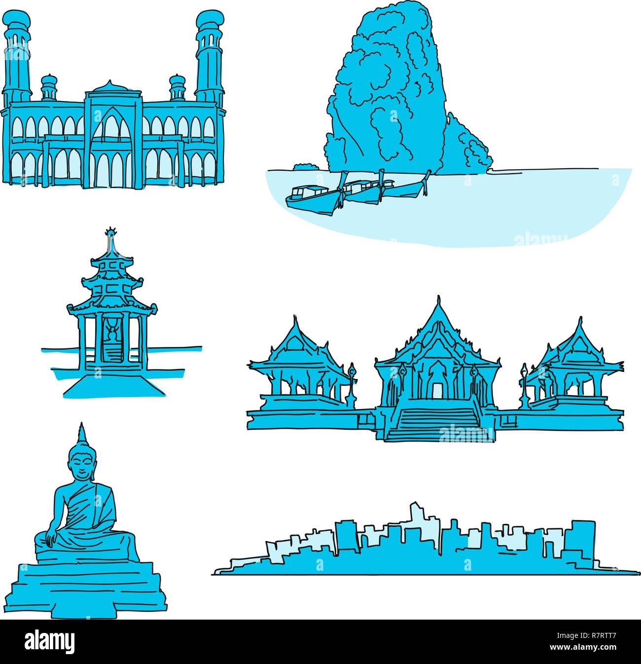 Thailand famous landmarks. Hand-drawn vector illustration. Famous travel destinations series. Stock Vector