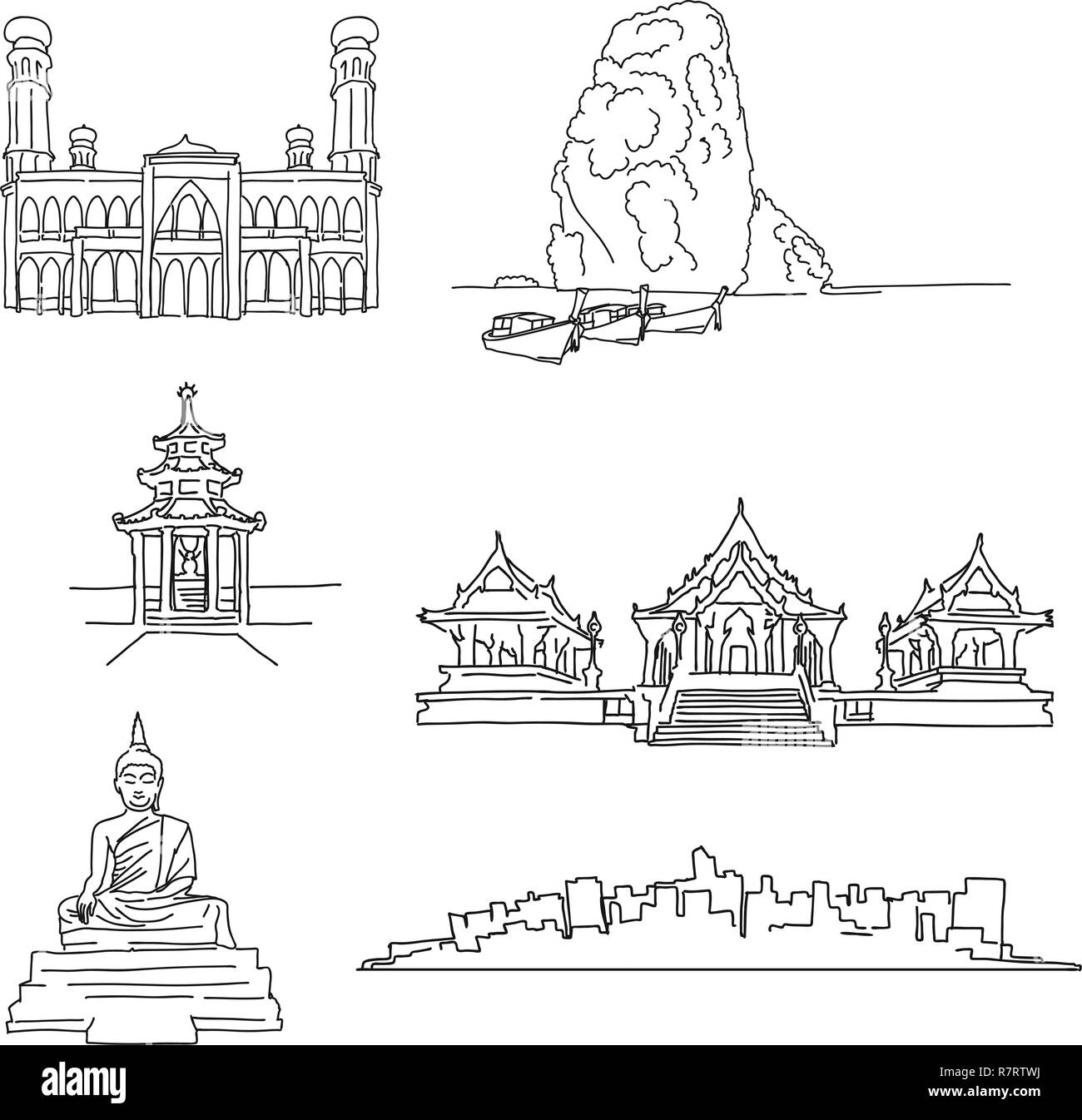 Thailand famous outline landmarks. Hand-drawn vector illustration. Famous travel destinations series. Stock Vector