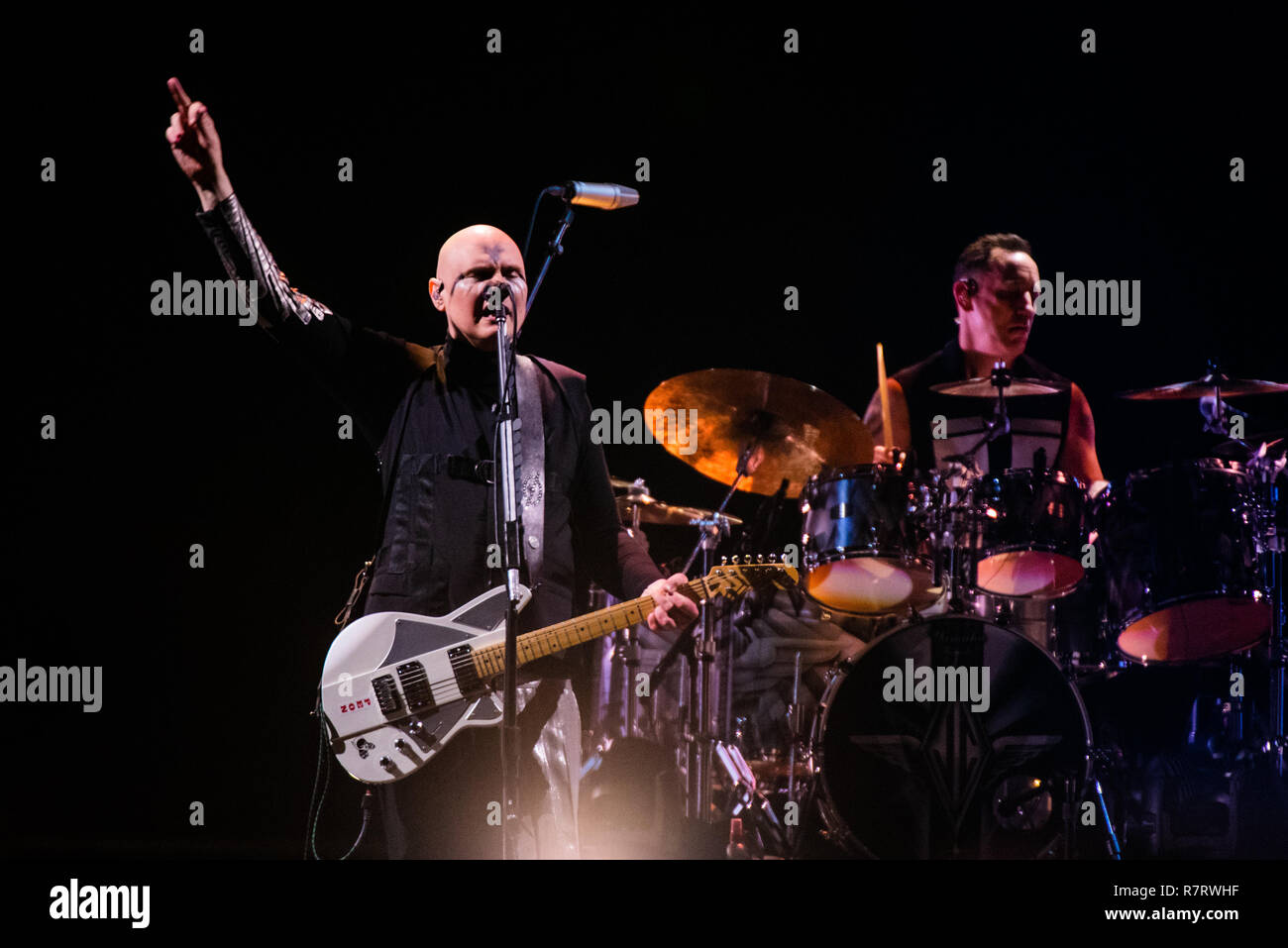 Billy Corgan and Jimmy Chamberlin of the American rock band The Smashing Pumpkins performing live on stage in Bologna for their reunion tour 2018 Stock Photo
