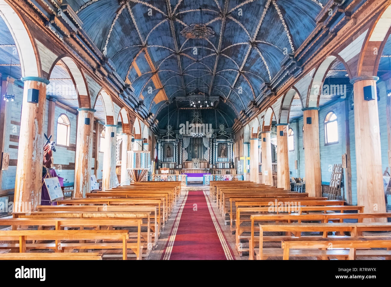 Church of Achao interior - Chiloe Island, Chile Stock Photo
