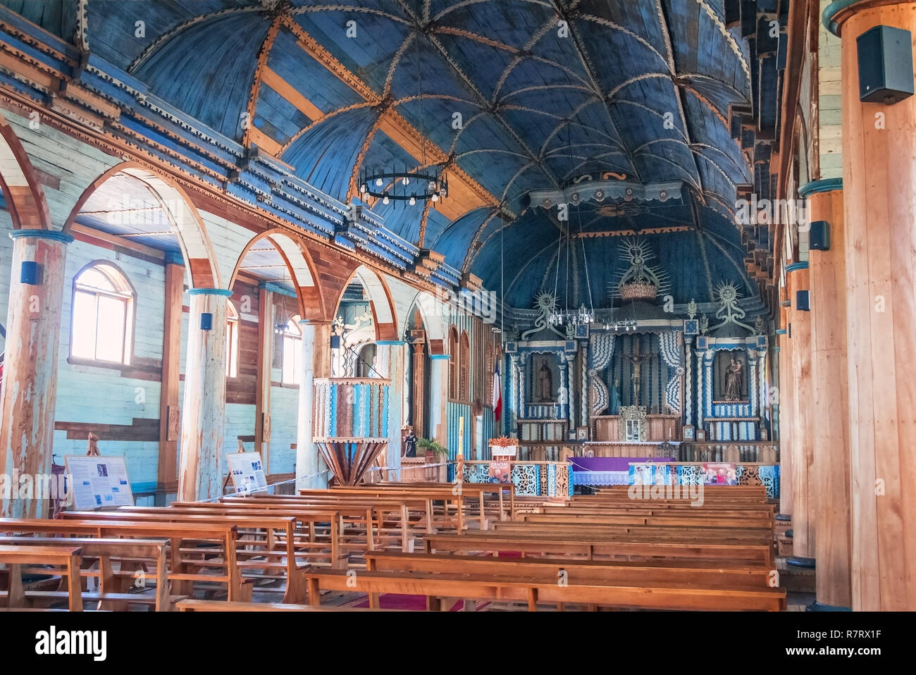 Church of Achao interior - Chiloe Island, Chile Stock Photo