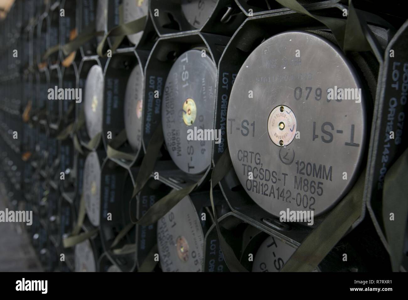 Pallets full of M865 Kinetic Energy training rounds for the M1A2 Abrams Main Battle Tank's M256 smoothbore gun sit at the ammo point of the 3rd Armored Brigade Combat Team, 1st Cavalry Division's Table VI qualifications at the Udairi Range Complex. These rounds have a muzzle velocity of 1,700 meters per second and a maximum effective range of 2,500 meters. The brigade tank and Bradley crews spent about two weeks in the field conducting sustainment gunnery to ensure all the crews qualified at day and night fire to maintain proficiency. Stock Photo