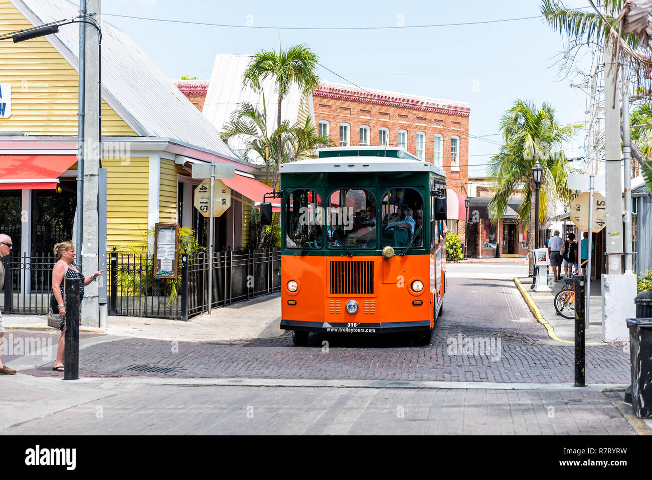 Key West, USA May 1, 2018 Tour bus trolley in Florida island on