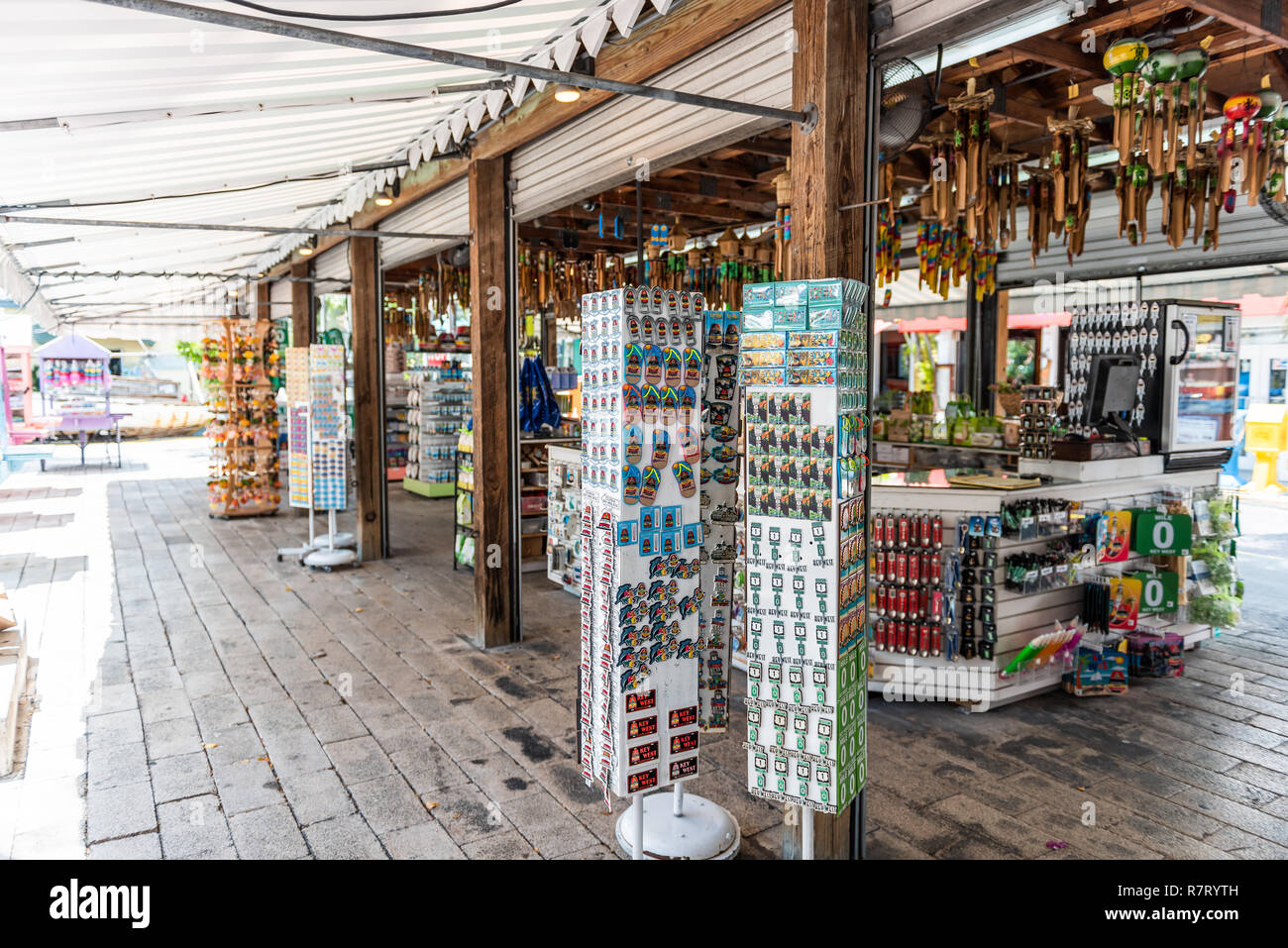 Key West, USA - May 1, 2018: Duval street Mallory Square shopping architecture with nobody in Florida city travel, day, retail merchants vendors Stock Photo