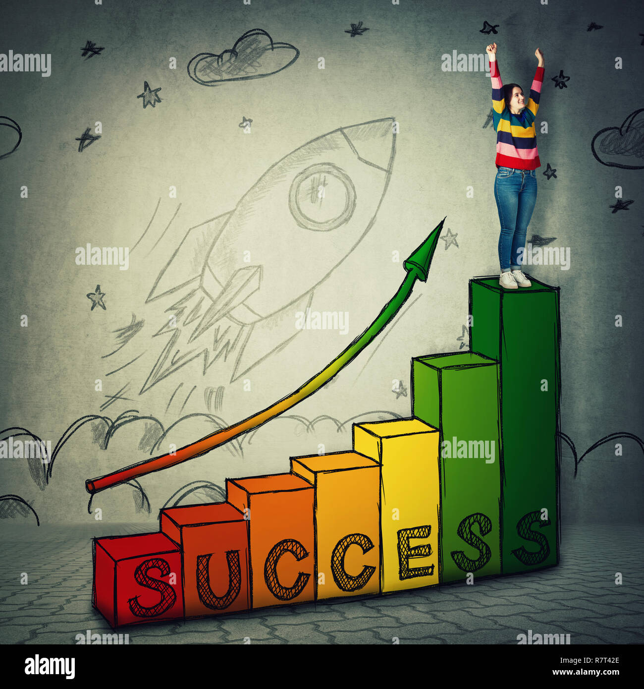 Young woman celebrate raising hands up on the top of a graph as stairs with arrow going up. Stairway to success, professional startup growth and achie Stock Photo