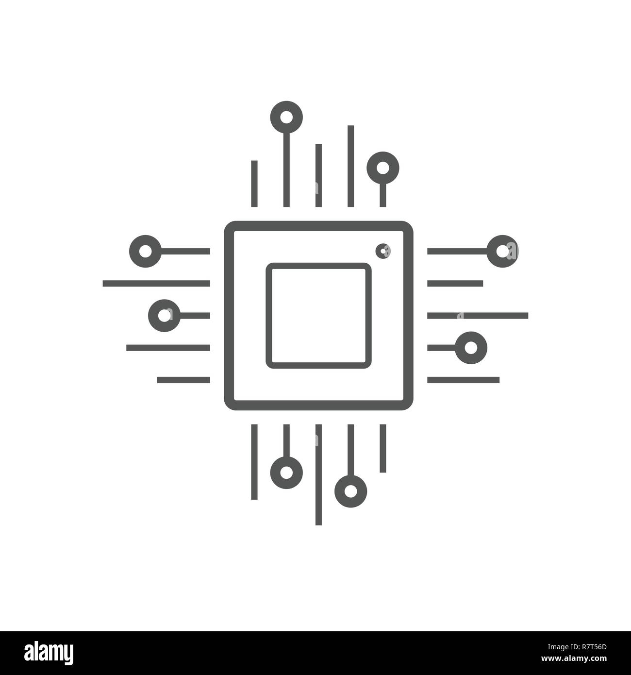 Microchip line icon. CPU, Central processing unit, computer processor, chip symbol in circle. Simple round icon isolated on black background. Creative modern vector logo Stock Vector