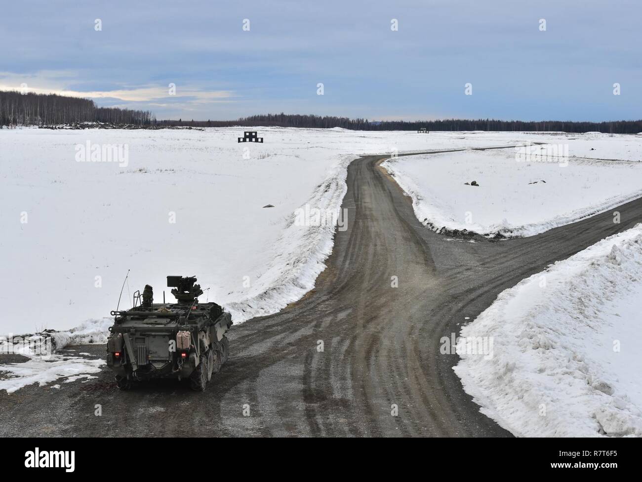 Soldiers assigned to the 95th Chemical Company, “Arctic Dragons”, 17th Combat Sustainment Support Battalion, U.S. Army Alaska, execute a gunnery live-fire exercise with M1135 Stryker Nuclear Biological Chemical Reconnaissance Vehicles on Joint Base Elmendorf-Richardson, Alaska, April 5, 2017.  The gunnery tested Soldier’s proficiency with identifying, engaging, and eliminating hostile targets while increasing combat effectiveness. The Styker NBCRV provides Nuclear, Biological, and Chemical detection and surveillance for battlefield visualization, and situational awareness to increase unit comb Stock Photo