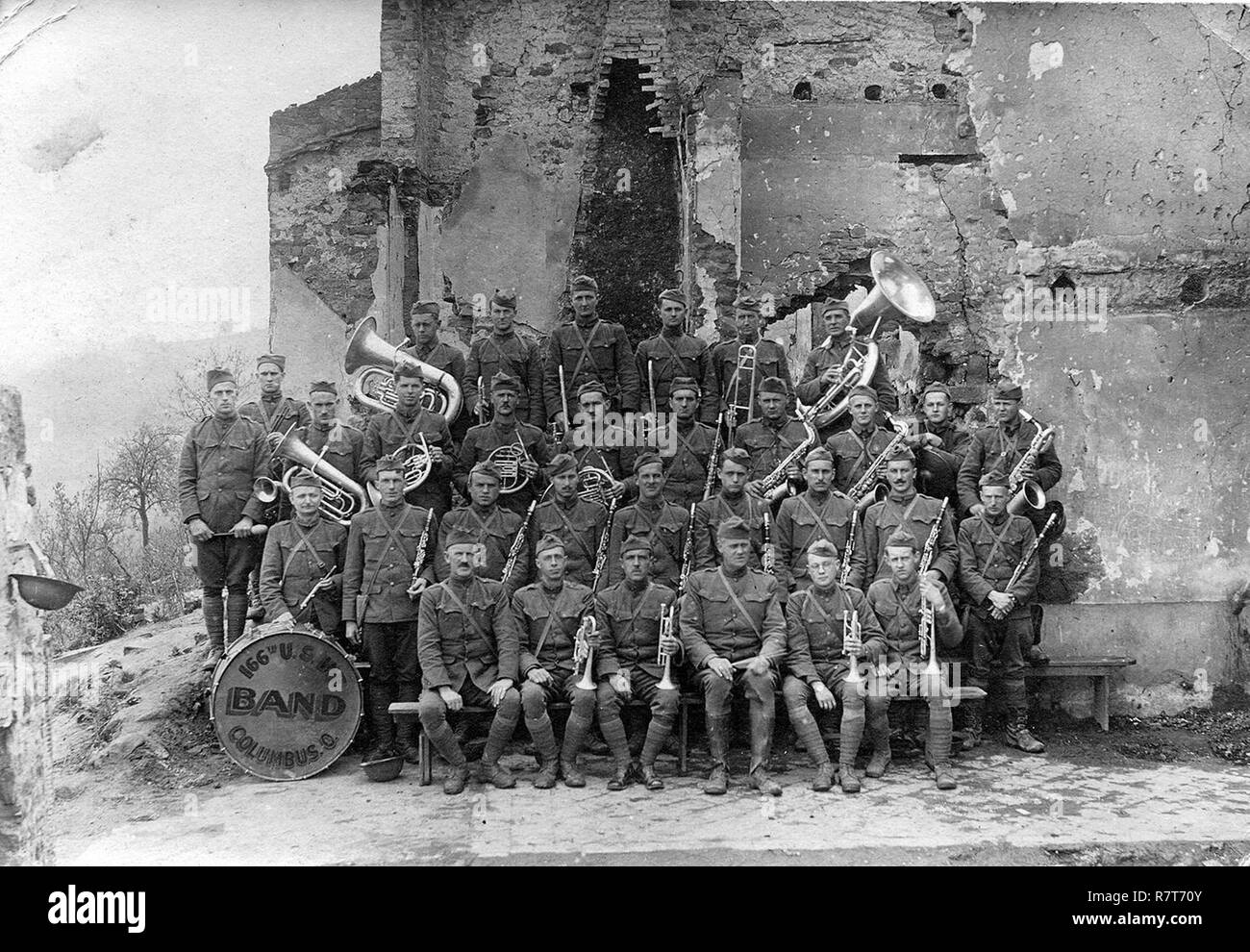 A wartime photo of the 166th Infantry Regiment Band taken in France. April 6 commemorates the 100th anniversary of the U.S. entry into World War I. Stock Photo