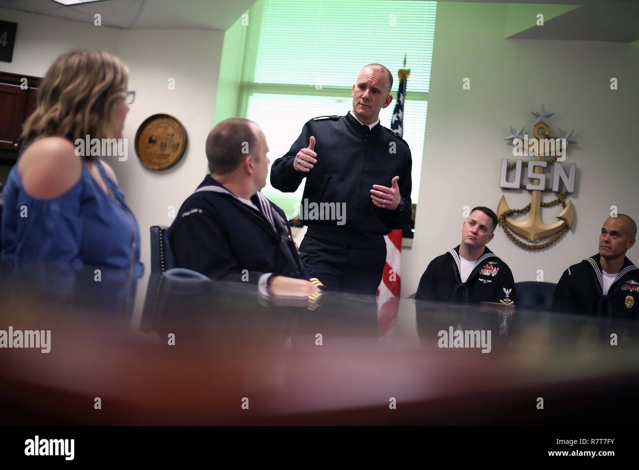ARLINGTON, Va. (April 4, 2017) Master Chief Petty Officer of the Navy Steven Giordano talks to Navy Reserve Sailor of the Year (RSOY) finalists and their spouses at the Pentagon during the RSOY selection board and recognition ceremony week. Chief of Naval Operations Adm. Elmo Zumwalt and Master Chief Petty Officer of the Navy Jack Whittet initiated the Sailor of the Year program in 1972 to recognize outstanding Atlantic and Pacific Fleet Sailors. Stock Photo