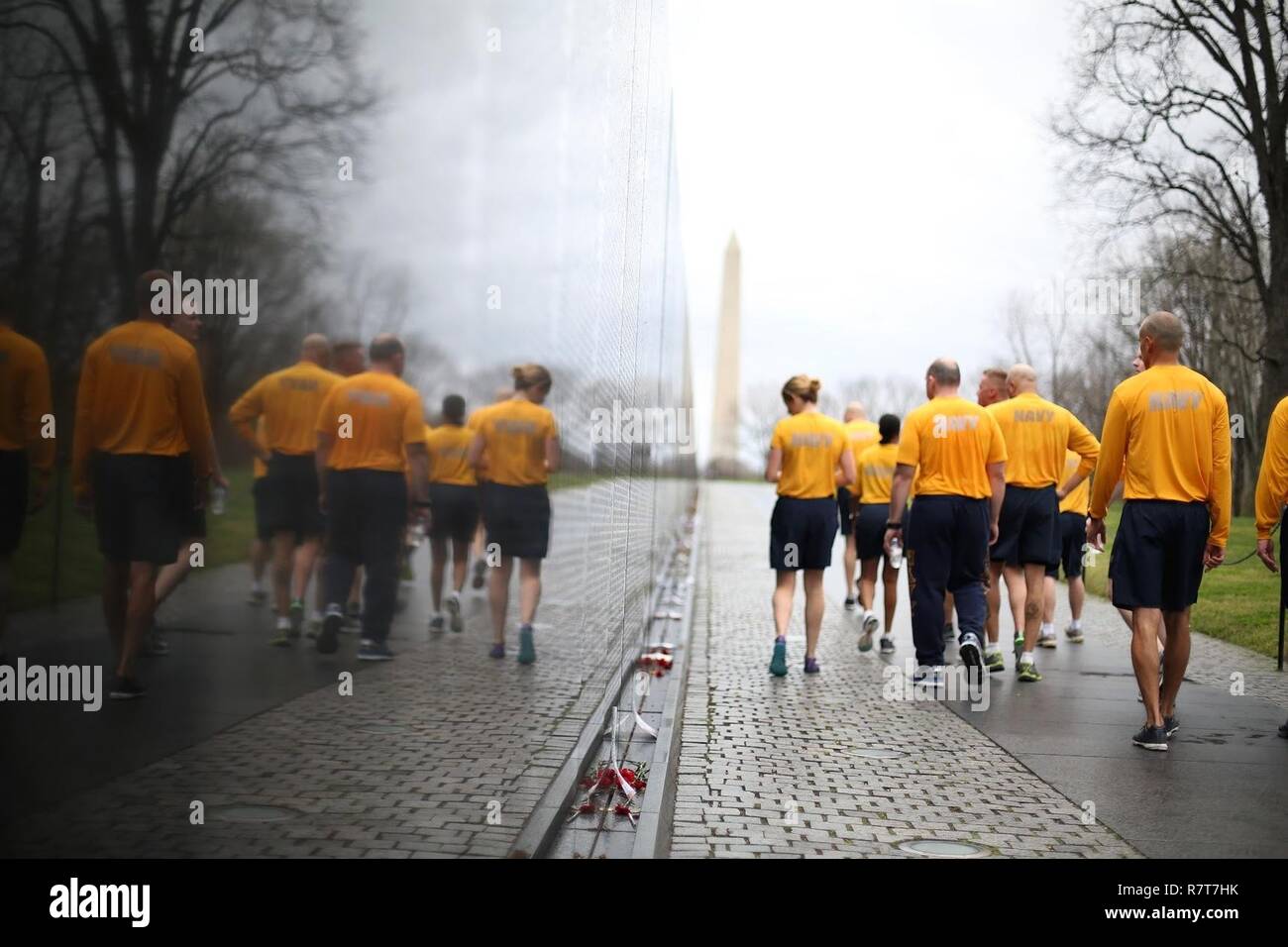 WASHINGTON (April 4, 2017) Navy Reserve Sailor of the Year finalists and members of the Reserve Sailor of the Year selection board visit the Vietnam Veterans Memorial during a run at the National Mall as part of the Reserve Sailor of the Year selection board and recognition ceremony week. Chief of Naval Operations Adm. Elmo Zumwalt and Master Chief Petty Officer of the Navy Jack Whittet initiated the Sailor of the Year program in 1972 to recognize outstanding Atlantic and Pacific Fleet Sailors. Stock Photo